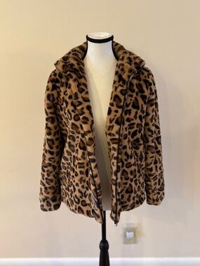 Faux Fur Leopard Print Jacket - Brown - Size Small